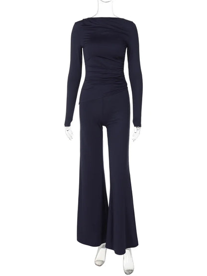 Fashion Autumn 2 Piece-Set Female Flared Pants Streetwear Slim Pleated Long Sleeve Casual Outfits Women’s Pants Sets