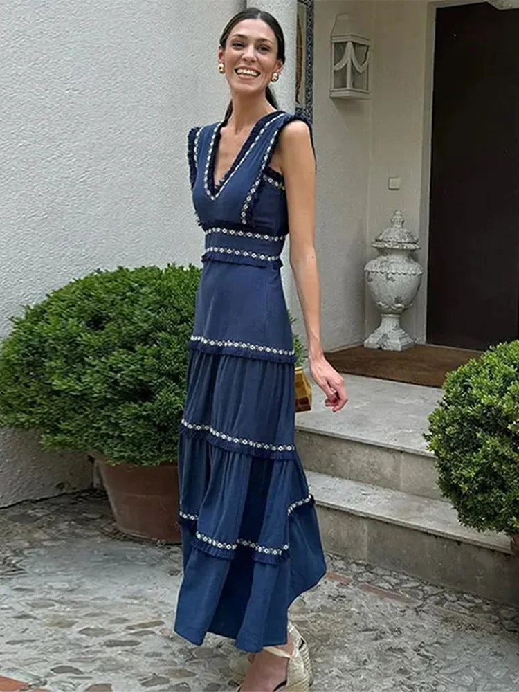 Chic Elegant Tassel Spliced Print Ruffles Long Dress Women Fashion V Neck Sleeveless A-line Robe  Chic Lady Holiday Robe