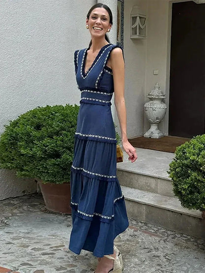 Chic Elegant Tassel Spliced Print Ruffles Long Dress Women Fashion V Neck Sleeveless A-line Robe  Chic Lady Holiday Robe