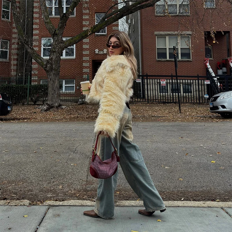 Winter Fluffy Gradient Faux Fur Coat Women Thicken Warm Fox Fur Jacket Girls Streetwear Style Furry Fur Overcoat