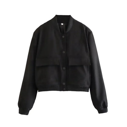 Basic Stand Collar Women Jacket Long Sleeve Cardigan Button Up Cropped Coat Baseball Outerwear Autumn Winter Clothes