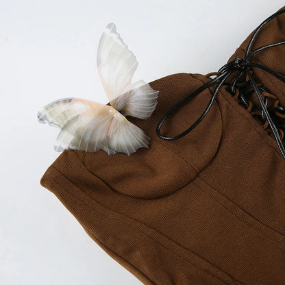 Sexy Women Butterfly Detail Strapless Long Dress Aesthetic Chic Detachable Corset Top Vintage Elegant Maxi Dresses