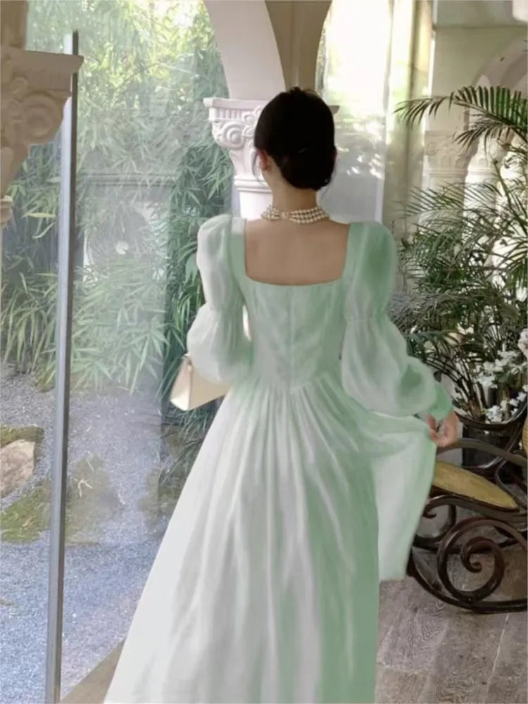 Autumn New Princess Midi Dresses for Women Square Collar Slim Waist Puff Sleeve Vintage Chic Female Clothing One Piece Vestido