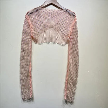 Sparkly Crystal T-shirts O-Neck Hollow Out See Through Tank Tops Night Partywear Crop Shirts Tee Y2K Tops