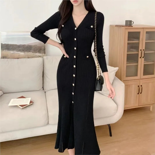 Korean Chic Knitted Dresses for Women V-neck Long Sleeve Slim Bodycon Ruffles Party Dress Casual Autumn Winter New Vestidos
