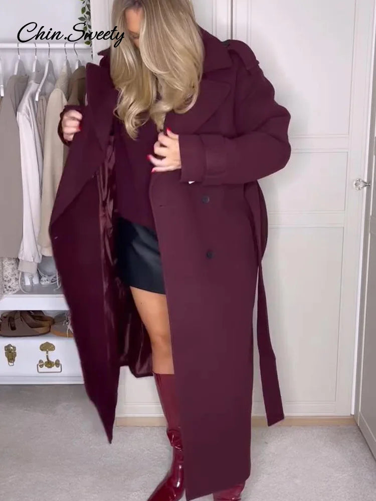 Fashion Burgundy Red Double Breasted Overcoat Women Lace Up Loose Lapel Pockets Long Sleeve Coat  New High Street Outerwear