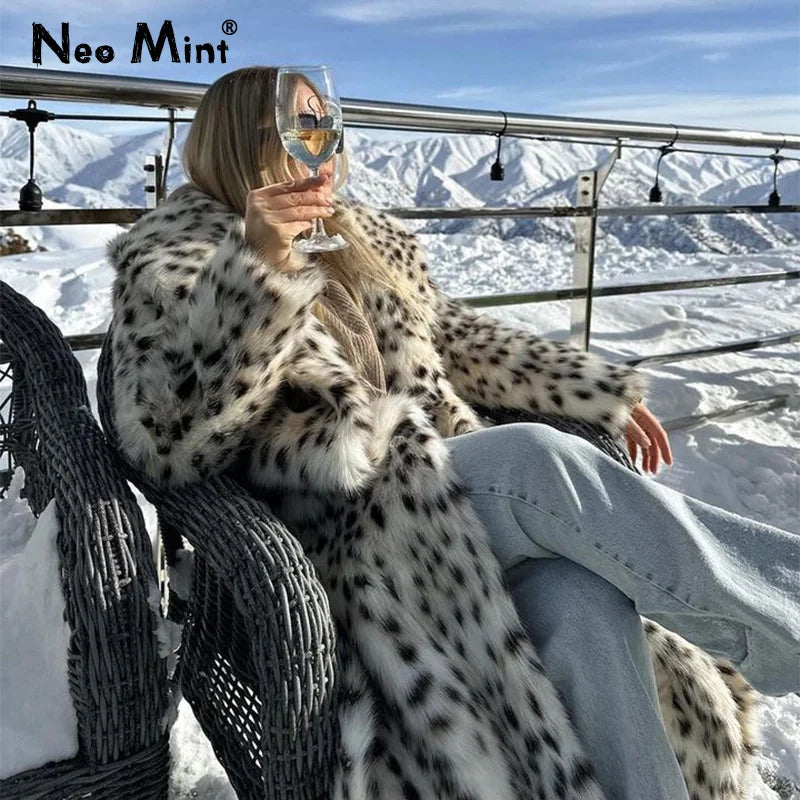 Exclusive Winter  Long Belted Leopard Faux Fox Fur Coat Women Overcoats Ladies Stylish Street Fashion Fluffy Fox Fur Jacket