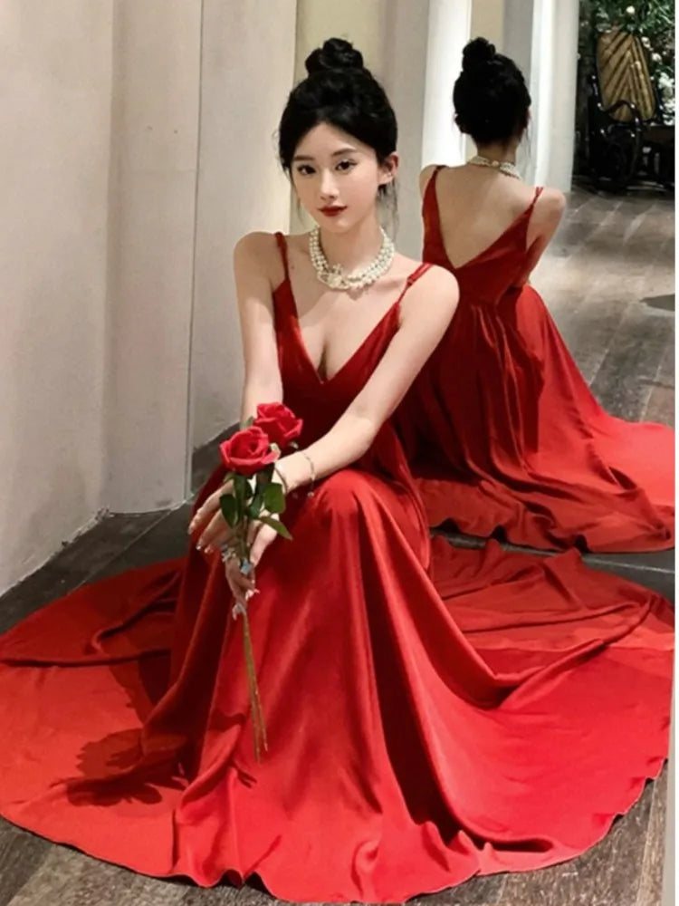 Sexy Spaghetti Strap Evening Party Dress V-neck A-line Solid Vintage Long Dresses for Women Wedding Prom Robe One Piece Vestidos
