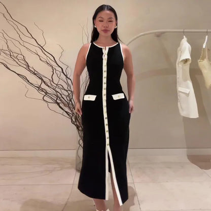 Elegant Single Breasted Knitted Maxi Dress Women Fashion O Neck Sleeveless Fake Pockets Dresses  New Lady High Street Robes