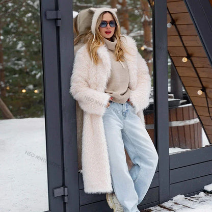 Exclusive Luxury Casual Long Faux Fur Parka Coat Women Winter  Thick Warm Fluffy Eco Lamb Fur Teddy Jacket Overcoat