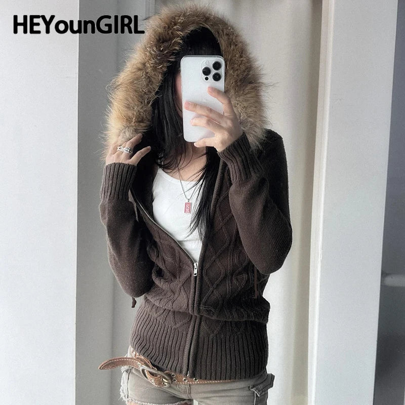 Women Fur Hooded Cardigan Fall Vintage Brown Knitted Zipper Coat Winter Street Outfits Korean Fashion Jacket 2000s