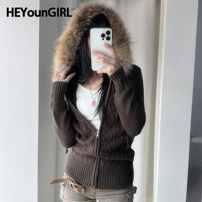 Women Fur Hooded Cardigan Fall Vintage Brown Knitted Zipper Coat Winter Street Outfits Korean Fashion Jacket 2000s