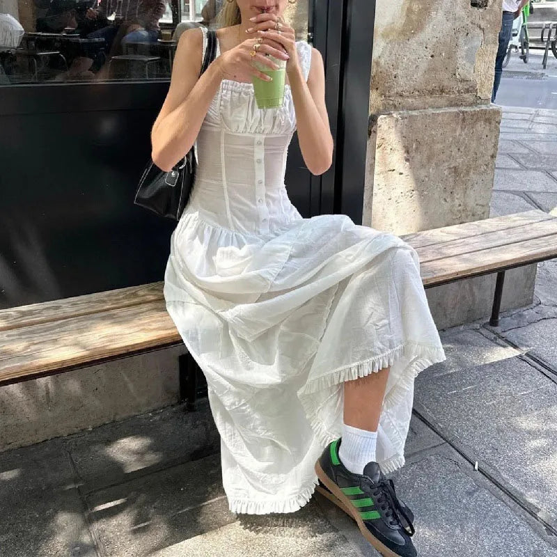 Voguable Elegant Square-Neck White Dress Slim Lace Up Sleeveless Dress Y2K Korean Buttons Beachwear Party Vestido New