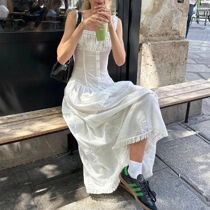 Voguable Elegant Square-Neck White Dress Slim Lace Up Sleeveless Dress Y2K Korean Buttons Beachwear Party Vestido New