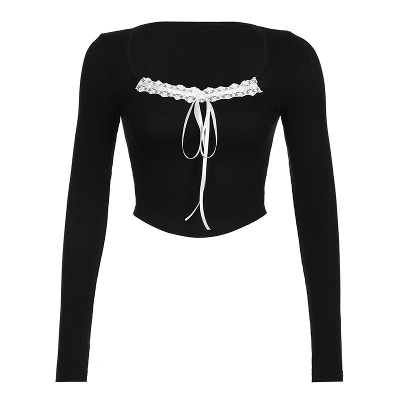 Cute Sweet Fairy Style Women¡¯s Tops Autumn Long Sleeve Slim Knitted Bowknot Lace Trim Square Collar Blouses
