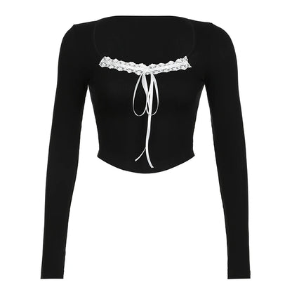 Cute Sweet Fairy Style Women¡¯s Tops Autumn Long Sleeve Slim Knitted Bowknot Lace Trim Square Collar Blouses