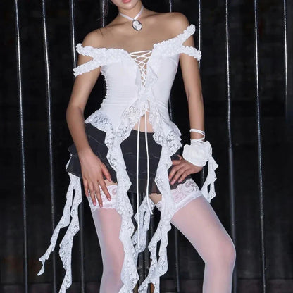 Fairy Coquette y2k Top Lace Patchwork Off Shoulder Sleeveless Irregular Hem T Shirt 2000s Party Clubwear