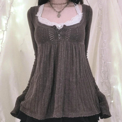 Vintage Babydoll Tops Pullovers Lady Aesthetic Coquette Knit Sweaters Outfit Square Neck Long Sleeve Knitwear Jumpers Y2k