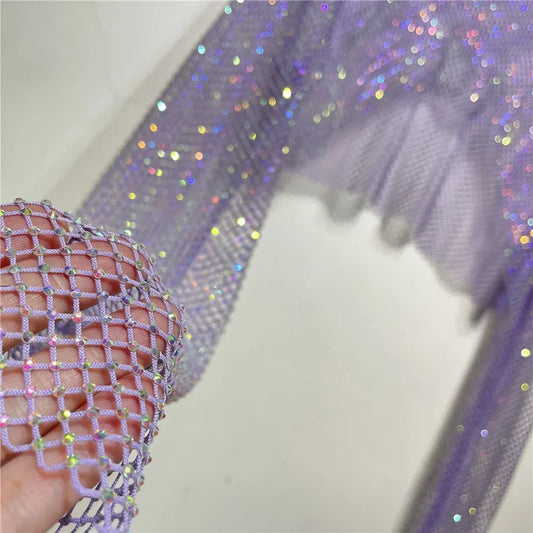 Sparkly Crystal T-shirts O-Neck Hollow Out See Through Tank Tops Night Partywear Crop Shirts Tee Y2K Tops