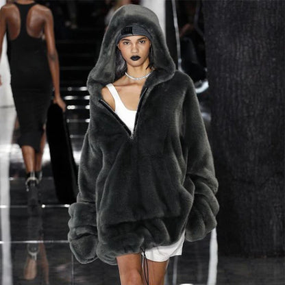 Fashion Runaway Luxury Brand Faux Fur Long Coat Women Big Pocket Warm Jacket Zip Hooded Fake Rabbit Fur Plush Overcoats