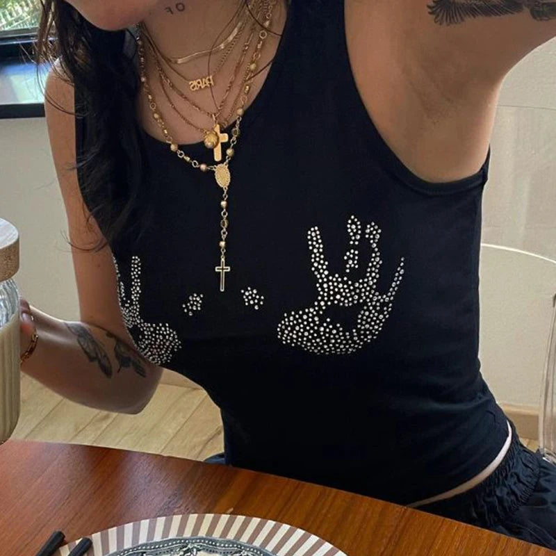 Y2K Trendy European and American Women’s Summer New Round Neck Hot Diamond Sleeveless Open Navel Slim Fit Tank Top T-shirt Top