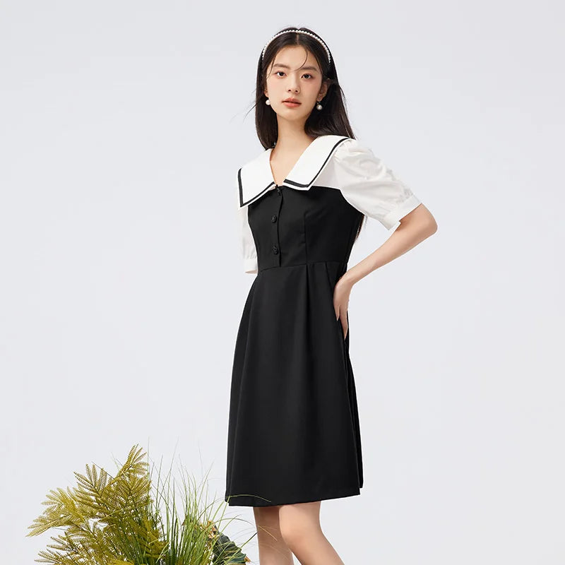 Dress Lapel College Style Short Skirt Playful Sweet Autumn Easy-to-Care Patchwork Little Black Dress