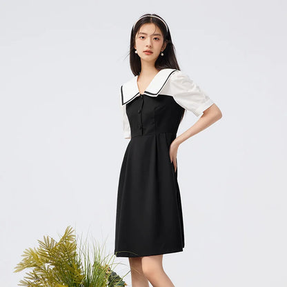 Dress Lapel College Style Short Skirt Playful Sweet Autumn Easy-to-Care Patchwork Little Black Dress