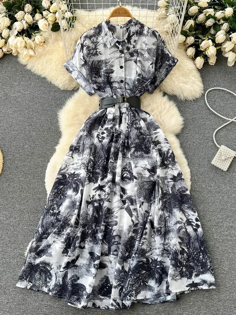 Vintage Tie Dye Print Shirt Dress Women Elegant Summer High Waist Slim A Line Printed Chiffon Long Robe Ladies Casual Long Robe