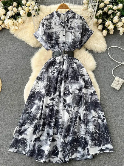 Vintage Tie Dye Print Shirt Dress Women Elegant Summer High Waist Slim A Line Printed Chiffon Long Robe Ladies Casual Long Robe
