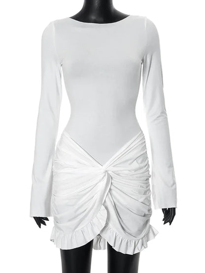 Pleated Twist Mini Dress For Women Bodycon O Neck Long Sleeve Sexy Dresses Solid Patchwork Autumn Fashion Gown Dress