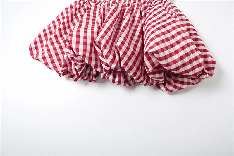 Spring Summer Plaid Tops for Women Streetwear Strapless Off Shoulder Backless Ruched Red T-shirt Girls Sleeveless Tees Top