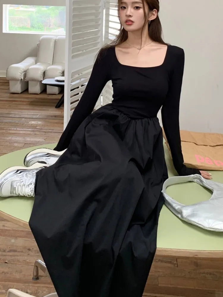 Casual Knitted Midi Dresses for Women Solid Long Sleeves Square Collar A-line Autumn New Elegant Dress Female Slim Vestidos