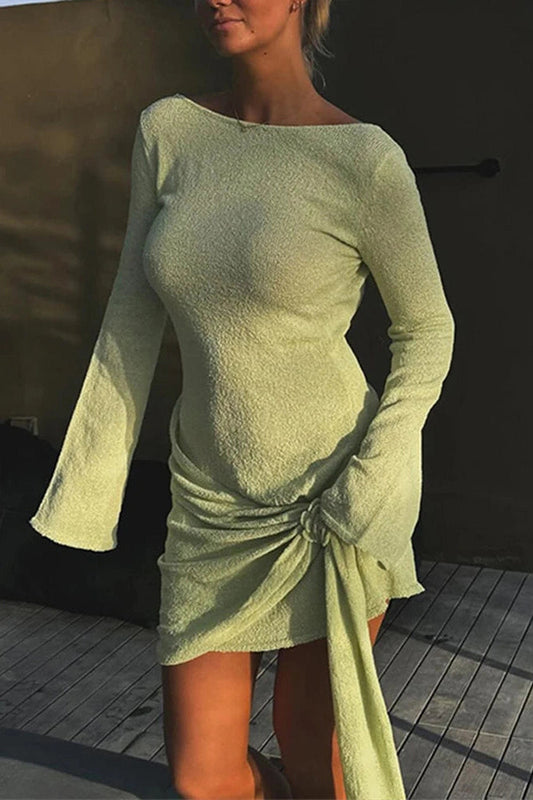 Patchwork Pleated Long Sleeve Mini Dress