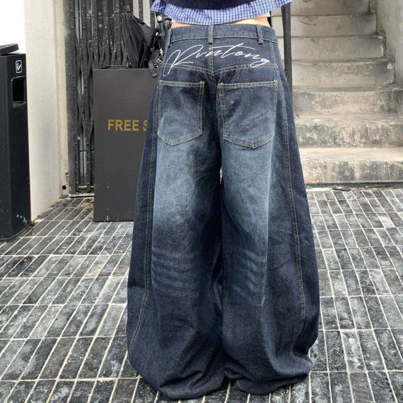 Y2k Letter Embroidery Washed Women Jeans Vintage Harajuku Wide Leg Denim Pants Baggy Gyaru Scimitar Trousers Streetwear