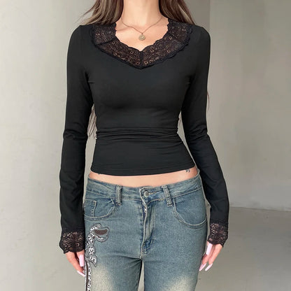 Solid Sweet Lace Trim V-Neck Women¡¯s Top Long Sleeve Balletcore Slim Autumn Trendy New T-Shirt Fashion All-Match Basic