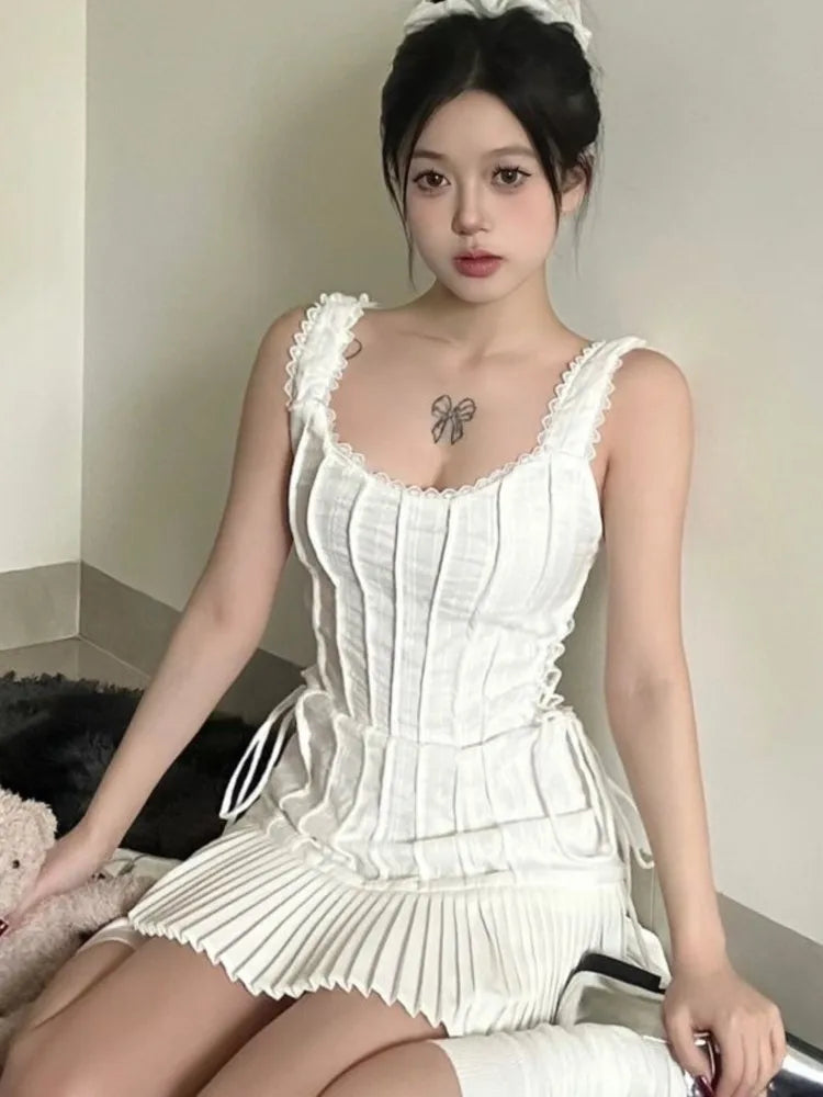 Elegant Pleated Short Dresses for Women Summer New Sleeveless Square Collar White Dress Korean Fashion Y2K One Piece Vestido