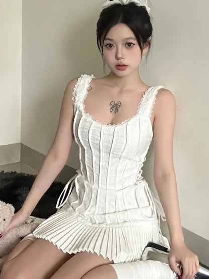 Elegant Pleated Short Dresses for Women Summer New Sleeveless Square Collar White Dress Korean Fashion Y2K One Piece Vestido