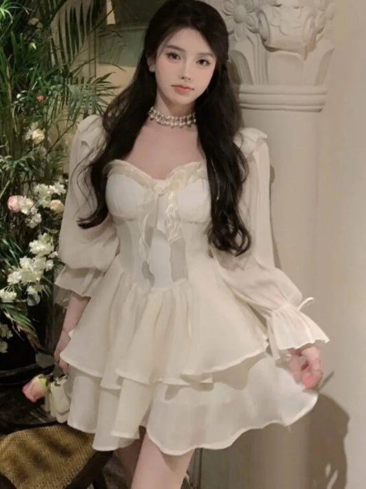 Elegant Princess Party Dress Flare Sleeves Layered Ruffles A-line Short Dresses for Women Korean Fashion One Piece Vestido Mujer