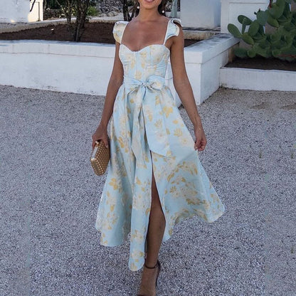 Flowers Print Sleeveless Long Dresses Women Sexy Low Cut Backless Bowknot Leace-up Slit Dress Temperament Lady Vestidos 2025 New