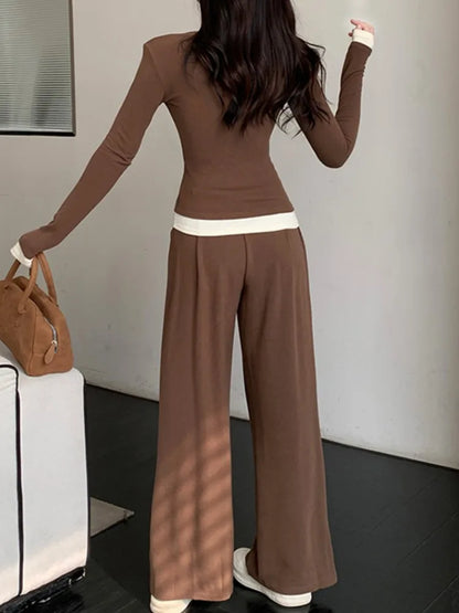 Autumn Casual Two-piece Pants Set Women Long Sleeves V-neck Single Breasted Top Wide Leg Pants Korean Fashion Outfits New