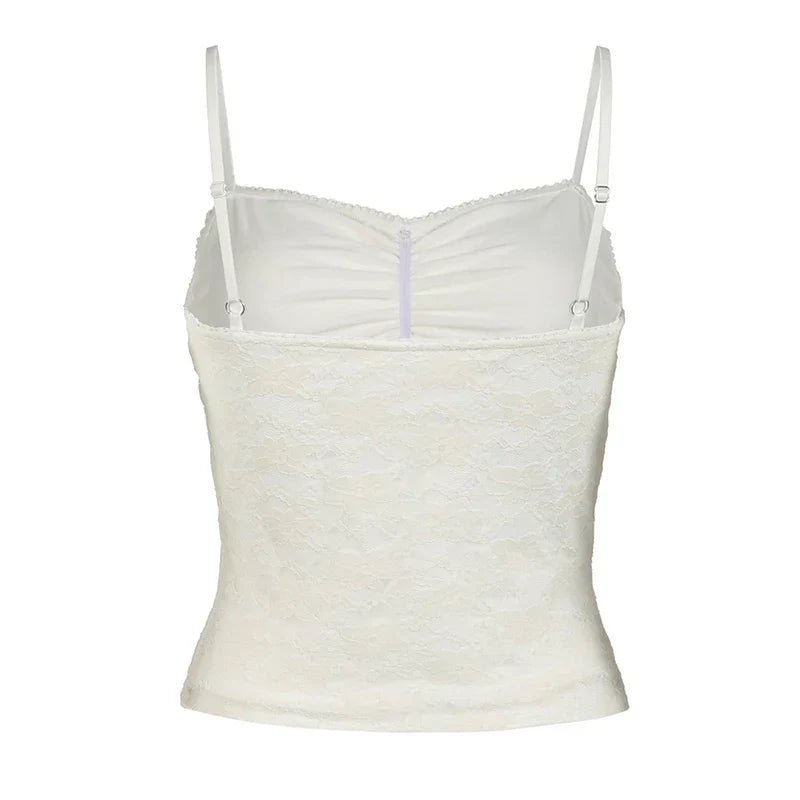 Voguable Sweet Floral Lace Patchwork Crop Top White Black Coquette Aesthetic Double Layer Folds Camis Y2K Cute Vest  Women