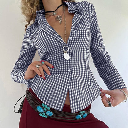 Y2K Women Turn-down Collar T-shirt Button Up Long Sleeve Vintage Slim Tee Fashion Outfits Autumn Casual Top Ladies