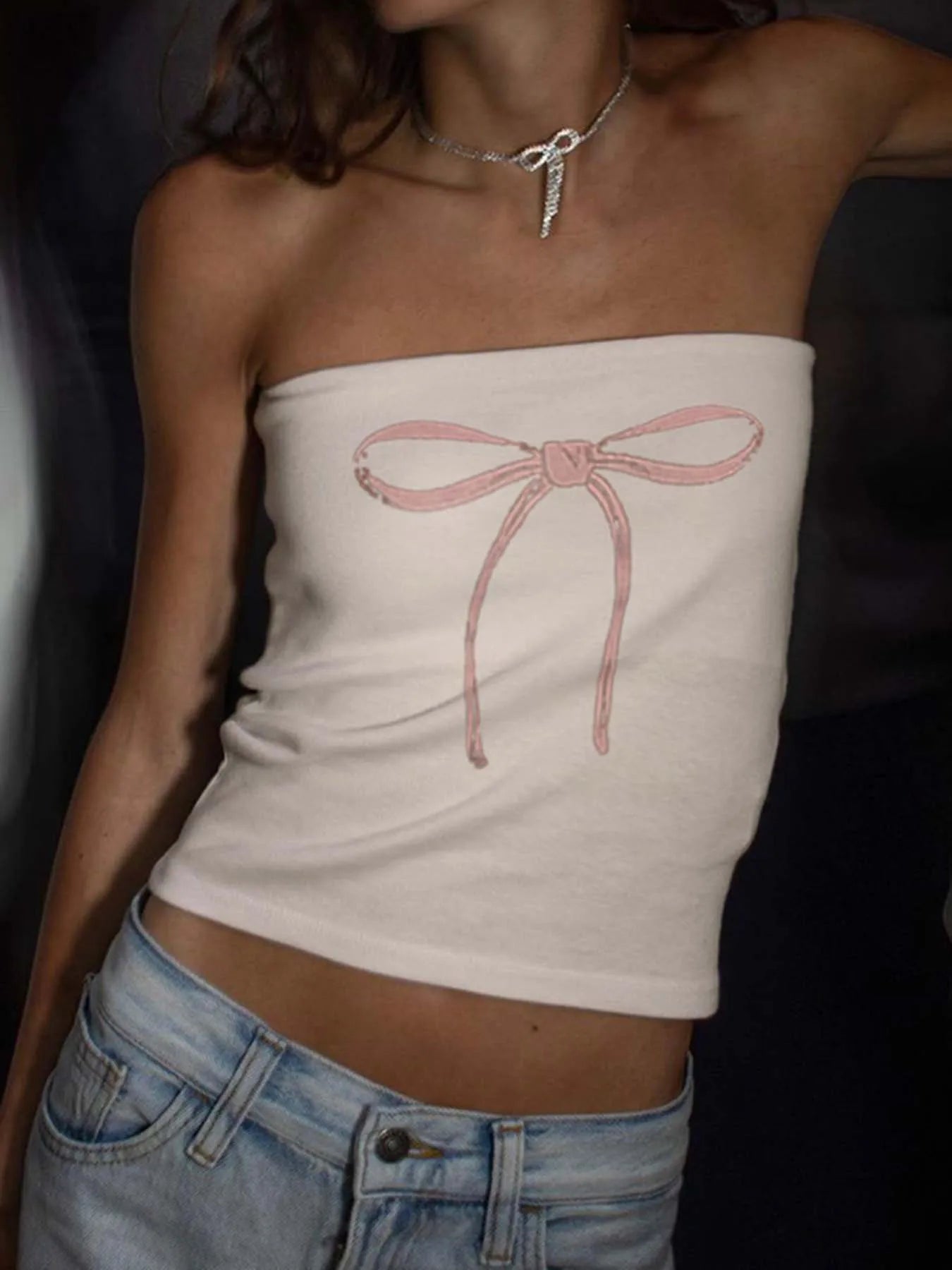 Bow Print Cute Y2K Strapless Tube Top Women 2000s Kawaii Crop Top Summer Streetwear