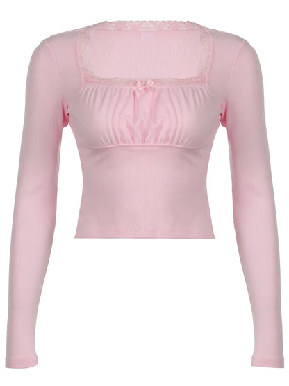 Japanese Kawaii Pink Sweet Bow Long Sleeve Tee Front Ruched Bust Lace Trim Square Collar Slim Balletcore Women T Shirt