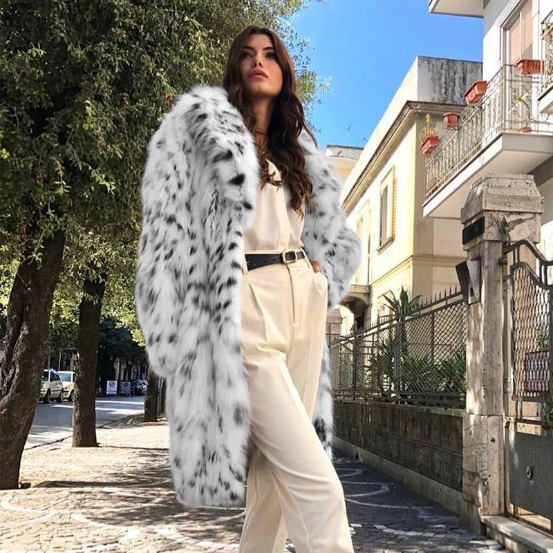 Luxury Brand Fluffy Furry Leopard Faux Fur Coats Women  Winter Long Belted Overcoats Fashion Ladies Fox Fur Coats Outerwear