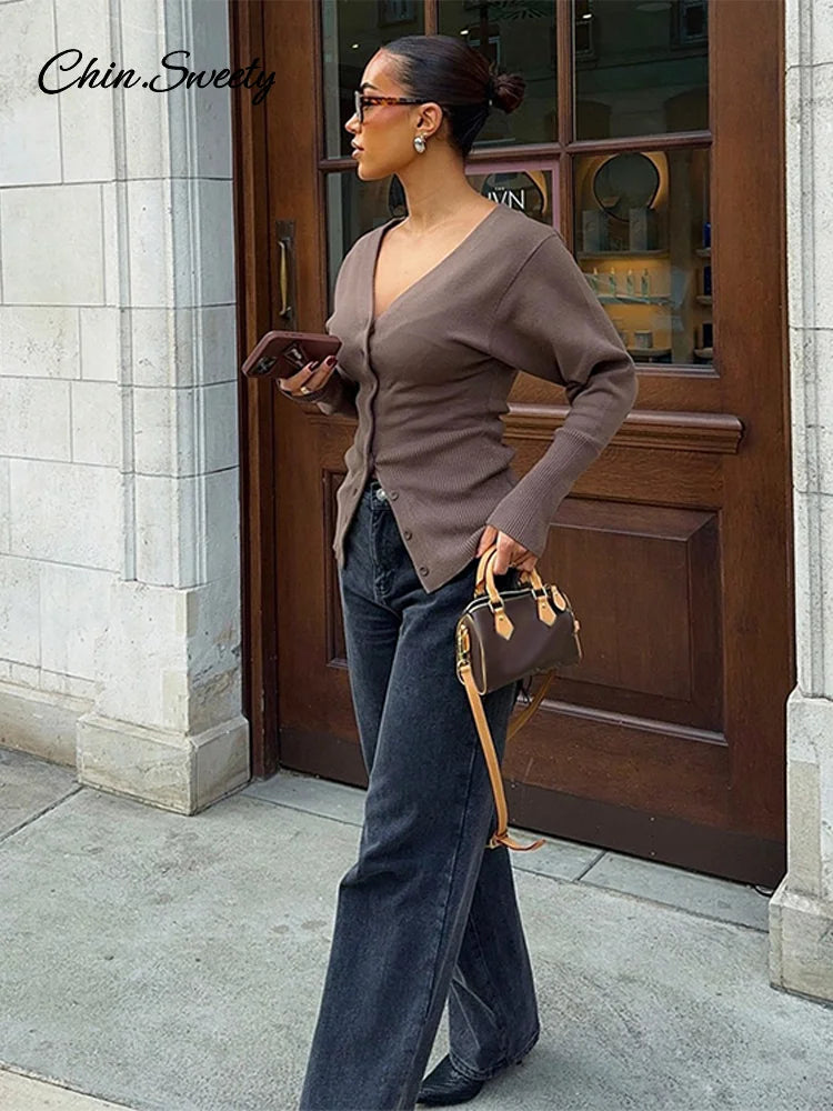 Vintage Women Knit Cardigans Solid V-Neck Long Sleeve Slim Button Sweater Female  Fashion Autumn Winter Lady Knitwear New