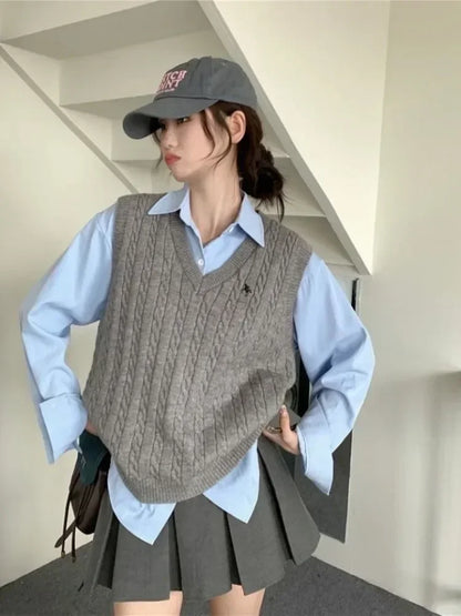 Sweater Cardigan Sleeveless Women Top Solid Sweater Knitted Vest Commuter Style Clothes Preppy Look Autumn Winter Woolly