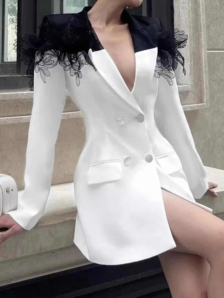 New Fashion Lace Patchwork Design Notched Collar Double Breasted Contrast Color Women’s Suit Dress 2025 Spring Winter A6718