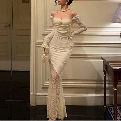 Sexy Solid Lace Maxi Dresses for Women Off Shoulder Bodycon Mermaid Autumn Birthday Evening Party Prom Robe Vestidos Mujer New