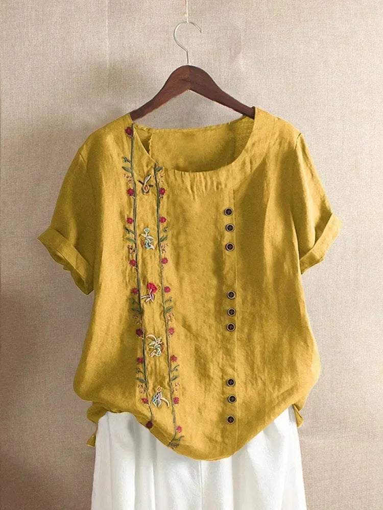 Fashion Flower Embroidery Cotton Linen Shirt Casual Summer Women O-neck Short Sleeve White Pullover Top Elegant Street Blouse